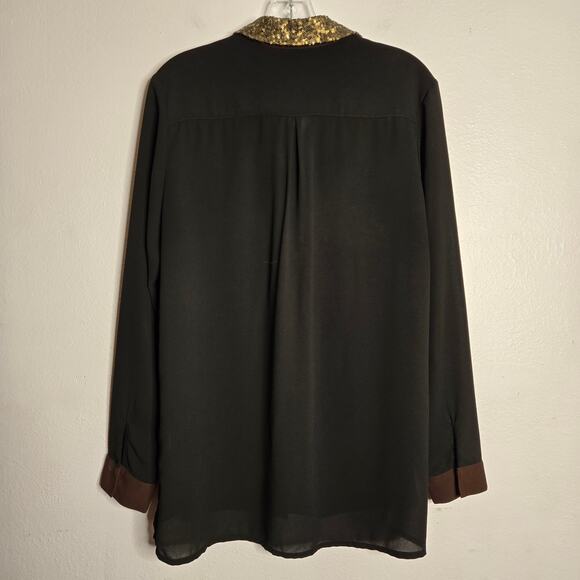 Alberto Makali  Black Brown Colorblock Blouse With Gold Sequin Trim Size L Chic - Picture 3 of 10